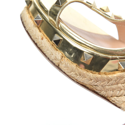 Valentino Garavani Metallic Calfskin Raffia Rockstud T-Strap Slingback Espadrille Wedge Sandals 39 Gold 11 of 21
