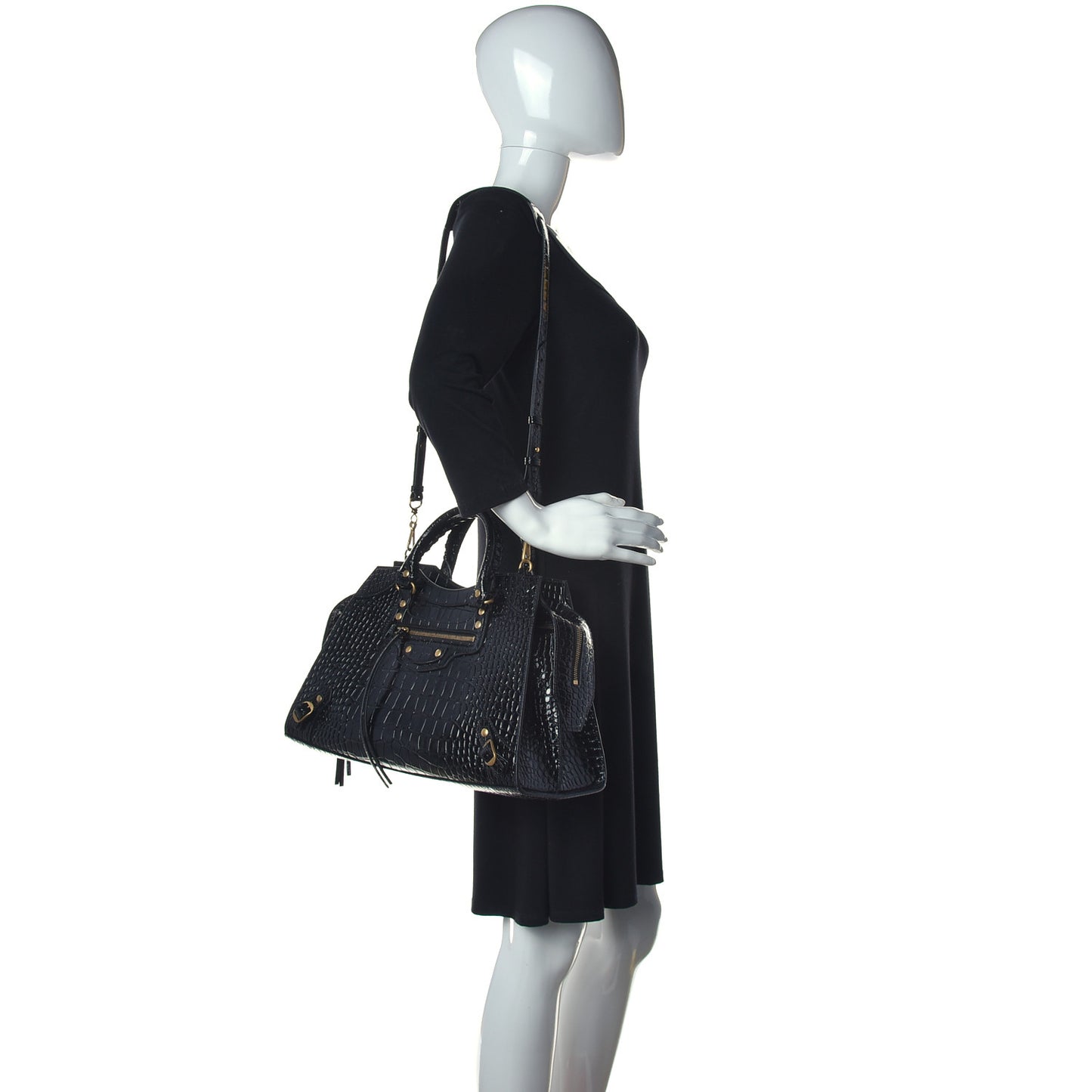 Shiny Supple Calfskin Crocodile Embossed Brass Hardware Neo Classic City Black