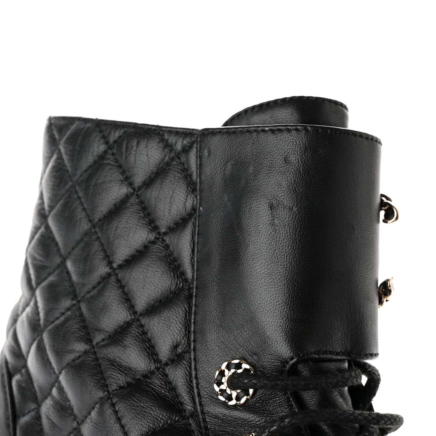 Shiny Lambskin Quilted Lace Up Combat Boots 40.5 Black