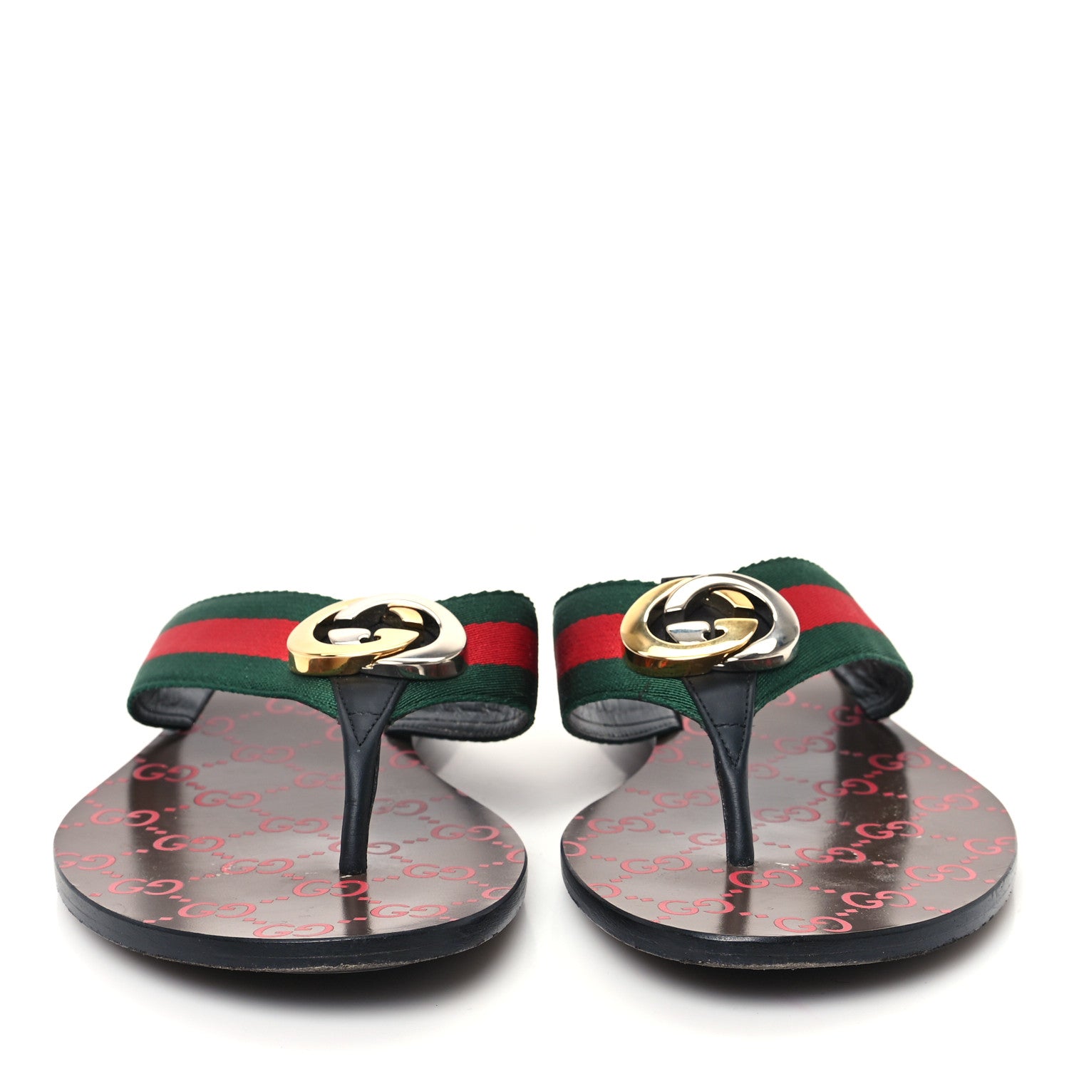 Gucci Nylon Calfskin Web GG Monogram Womens Thong Sandals 41 Green Red Cocoa 3 of 10