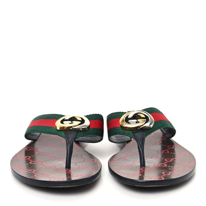 Gucci Nylon Calfskin Web GG Monogram Womens Thong Sandals 41 Green Red Cocoa 3 of 10