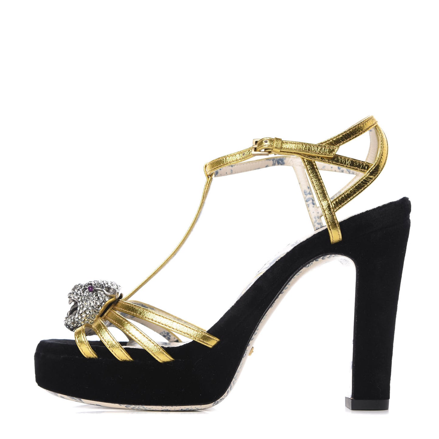 Velvet Nappa Elias T-Strap Platform High Heel Sandals 35.5 Black Gold
