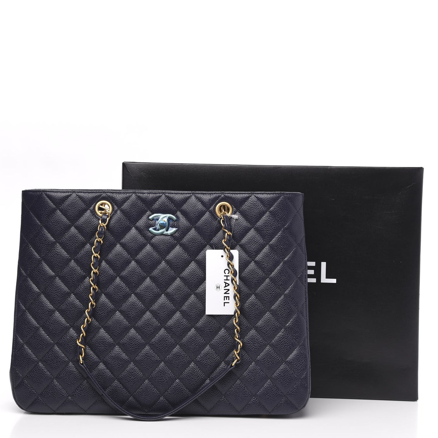 Caviar Quilted Large CC Shopping Tote Navy