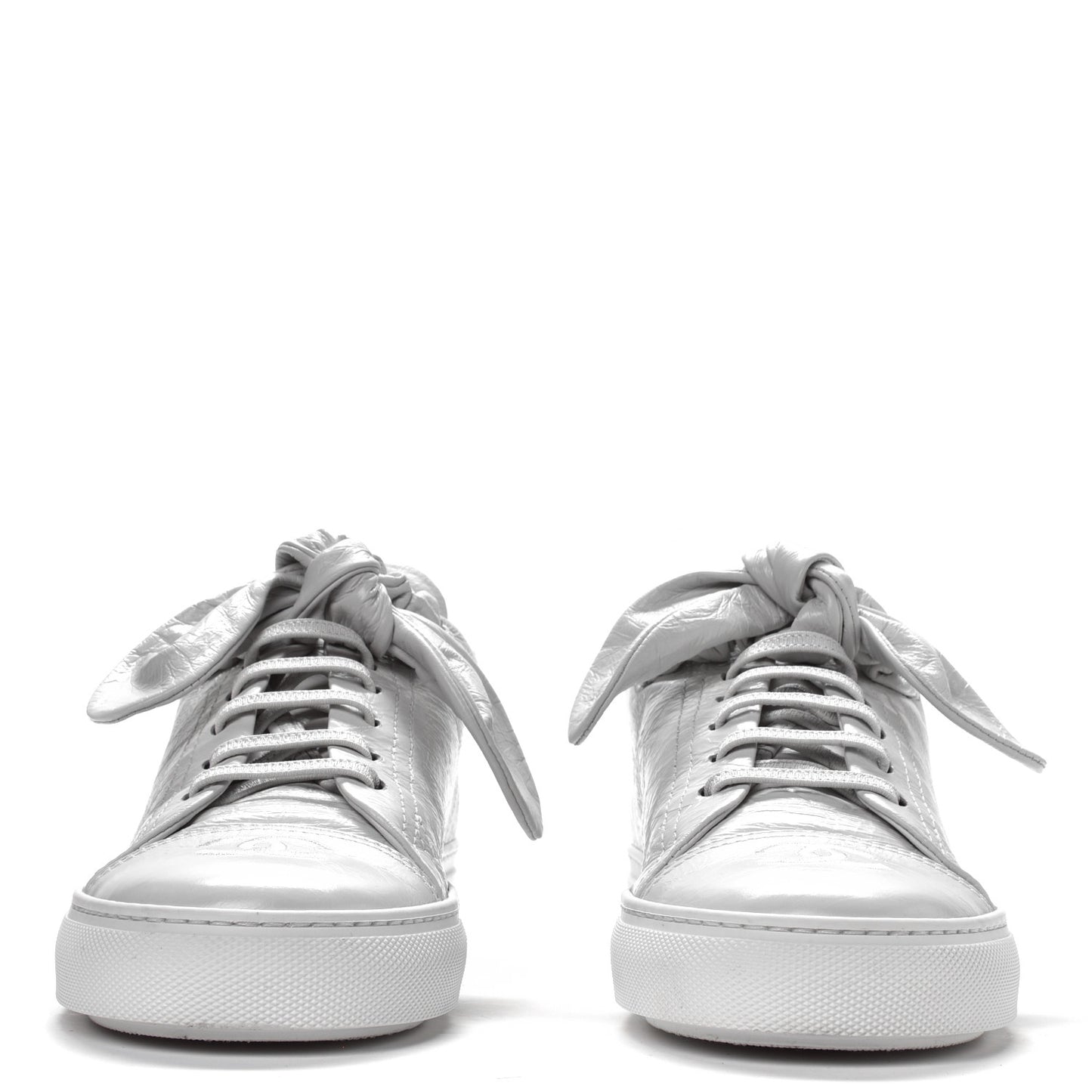 Crumpled Calfskin Womens CC Bow Sneakers White