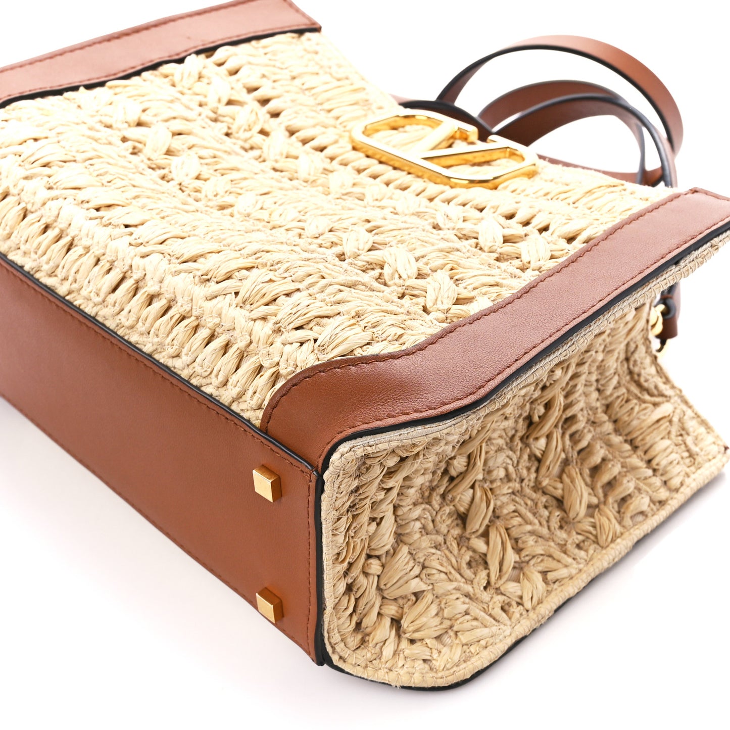 Raffia Calfskin Small Vlogo Signature Tote Natural Saddle Brown