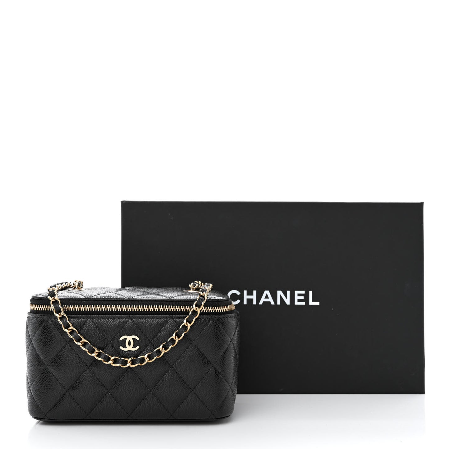 Caviar Quilted Small Vanity Case With Chain Black