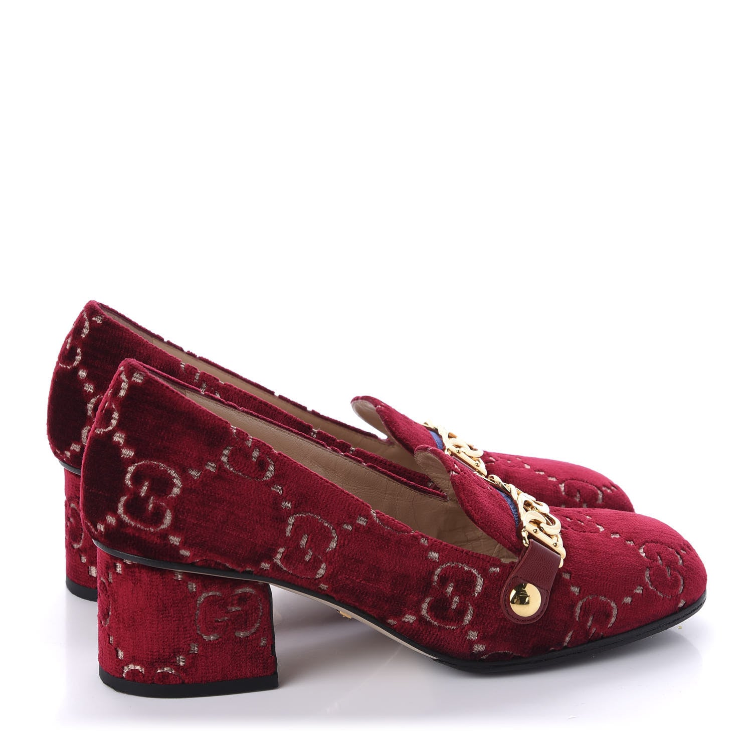 Gucci Velvet GG Monogram Sylvie Web Chain Mid Heel Loafers 36 Red Cipria 4 of 9