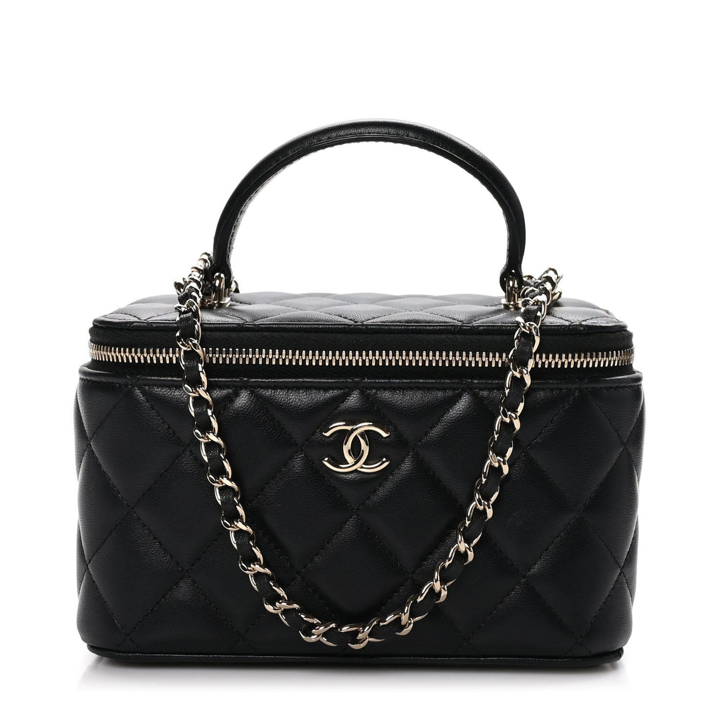 Lambskin Quilted Small Top Handle Vanity Case With Chain Black