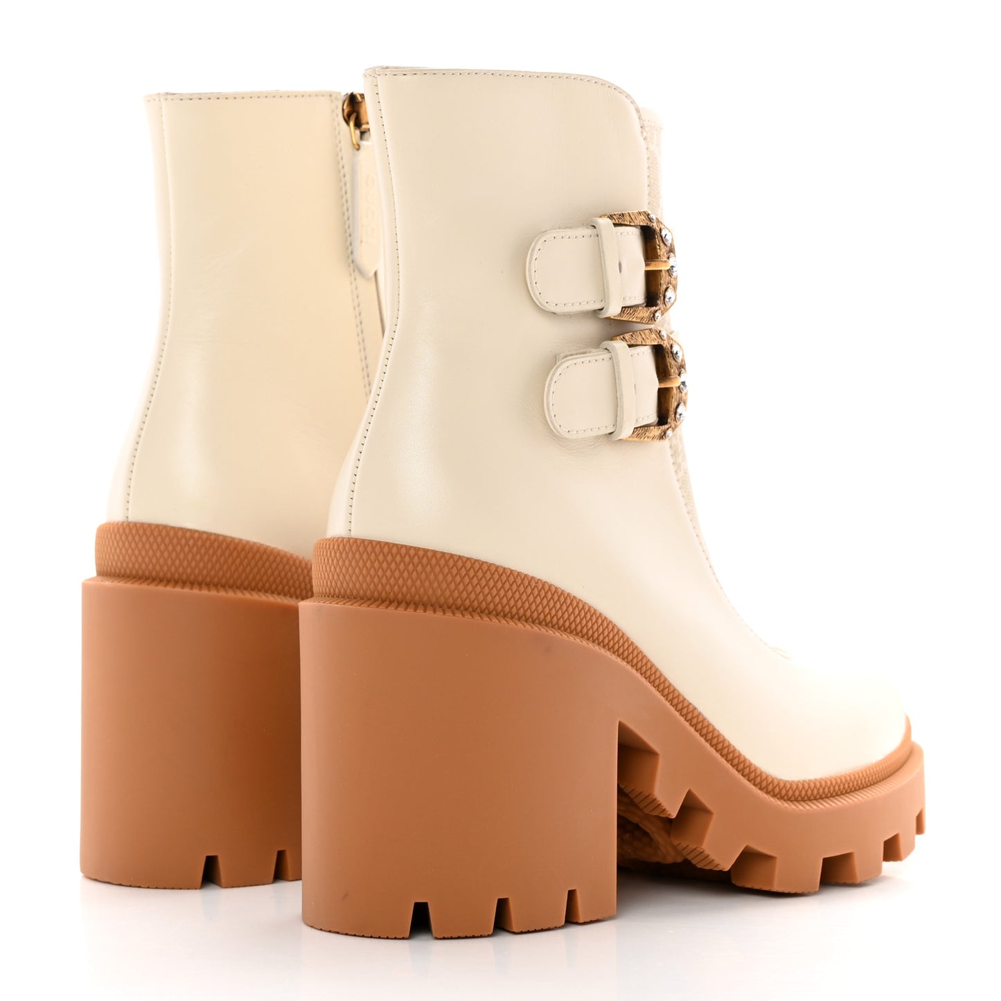 Kensington Calfskin Nappa GG Supreme Monogram Womens Double Buckle Ankle Boots 36.5 Mystic White Beige