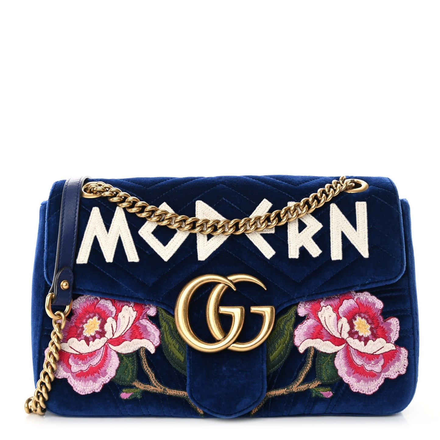 Velvet Matelasse Modern Embroidered Medium GG Marmont Shoulder Bag Cobalt