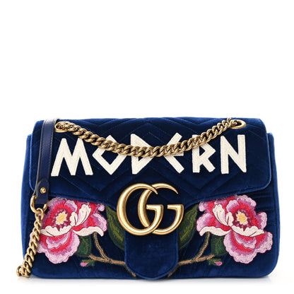 Gucci Velvet Matelasse Modern Embroidered Medium GG Marmont Shoulder Bag Cobalt 1 of 10