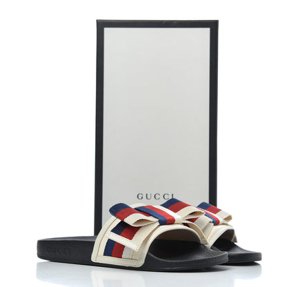 Gucci Satin Web Sylvie Bow Slide Sandals 37 White 16 of 16