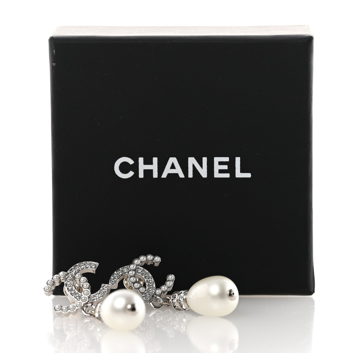 Chanel Crystal Pearl CC Drop Earrings Silver Pearly White 5 of 5