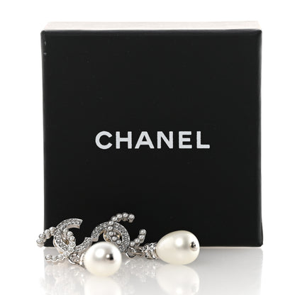 Chanel Crystal Pearl CC Drop Earrings Silver Pearly White 5 of 5