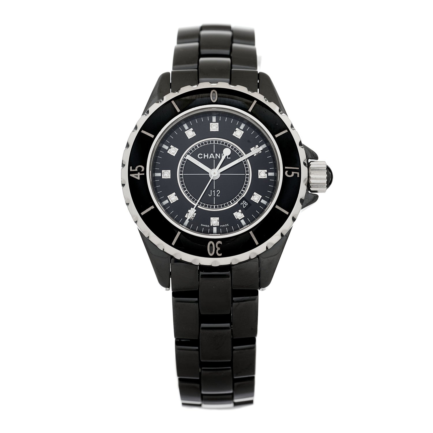 Chanel Stainless Steel Ceramic Diamond 33mm J12 Quartz Watch Black 1 of 4
