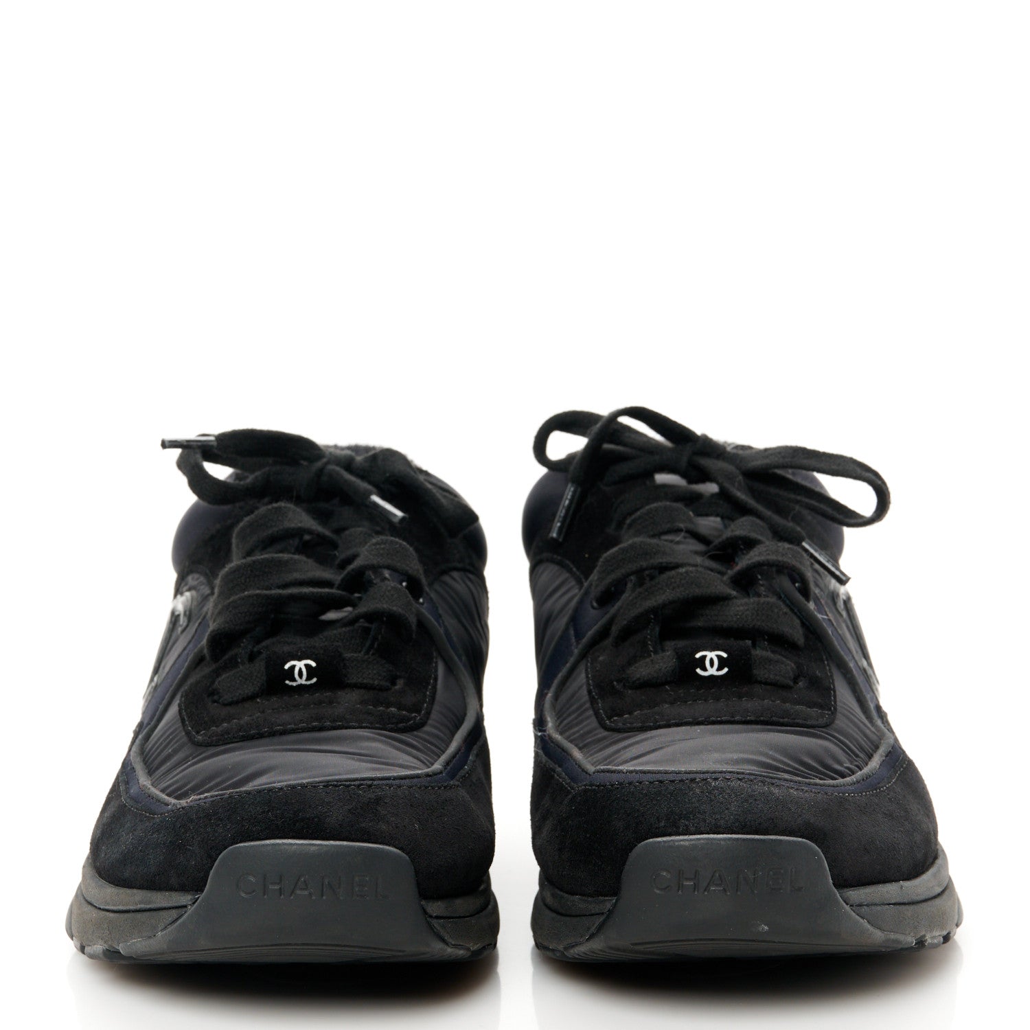 Chanel Nylon Calfskin Suede CC Sneakers 38.5 Black 2 of 9