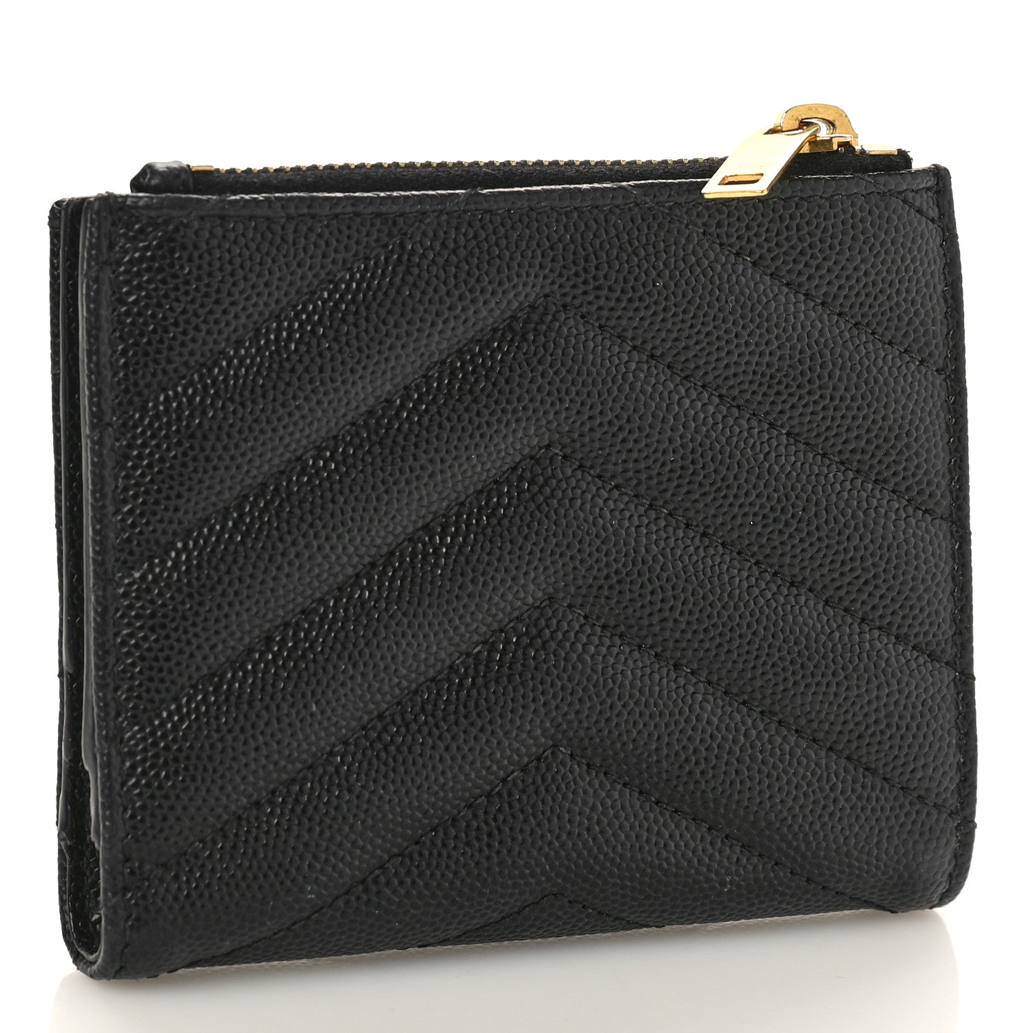 Saint Laurent Grain De Poudre Matelasse Chevron Monogram Zipped Card Case Black 3 of 9