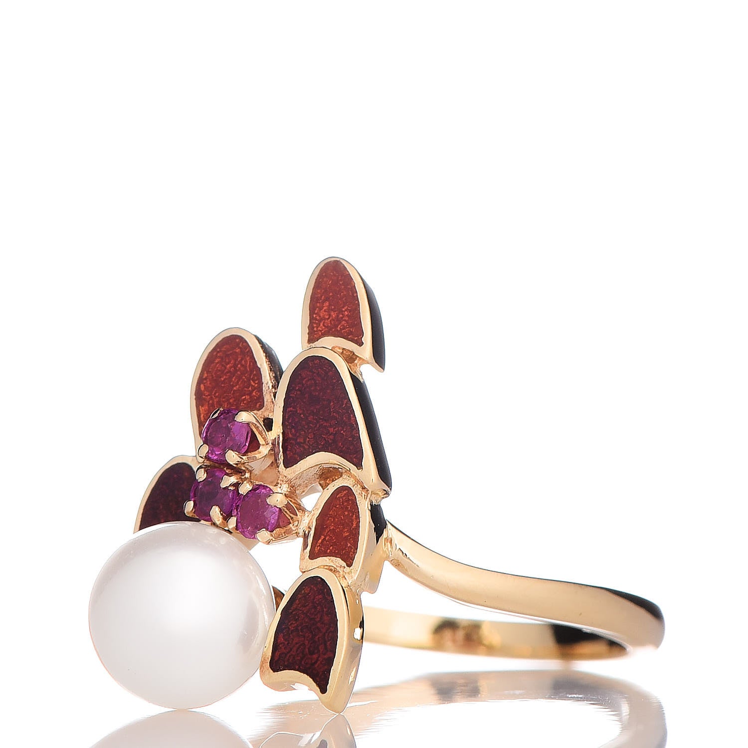 Mikimoto 18K Yellow Gold Enamel Ruby Akoya Pearl Ring 49 5 Red 3 of 5