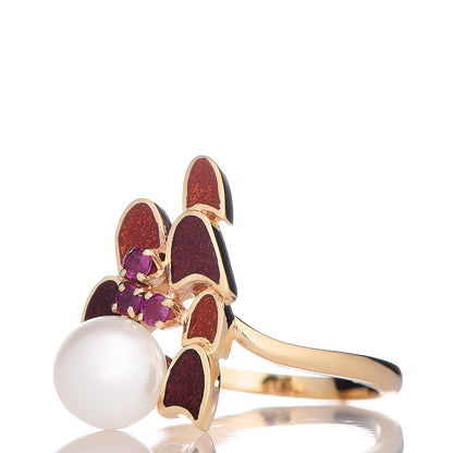 Mikimoto 18K Yellow Gold Enamel Ruby Akoya Pearl Ring 49 5 Red 3 of 5