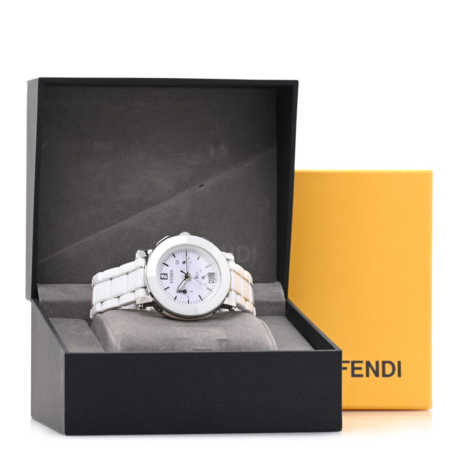 FENDI クォーツ腕時計 ホワイトダイヤル Fendi Stainless Steel Ceramic 38mm Chronograph Quartz Watch White