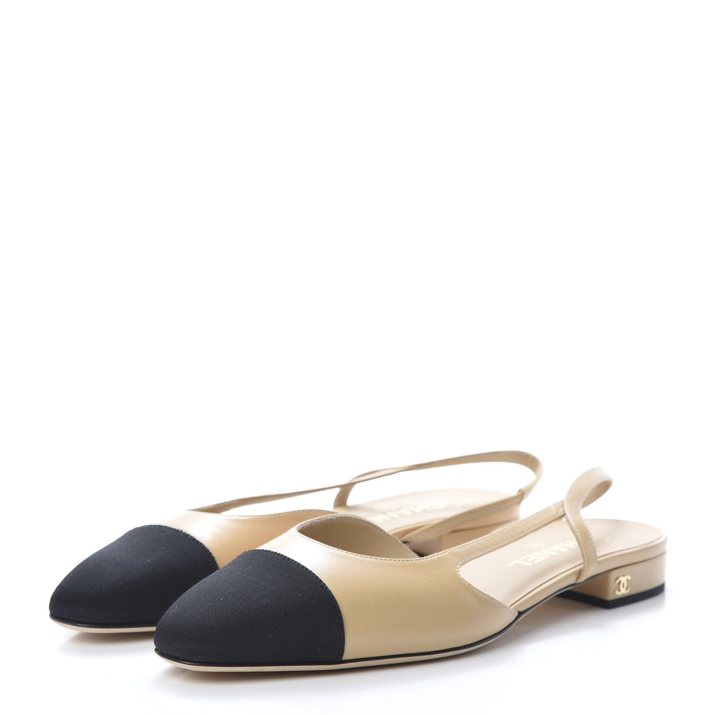 Goatskin Grosgrain Cap Toe CC Slingback Sandals 40.5 Beige Black
