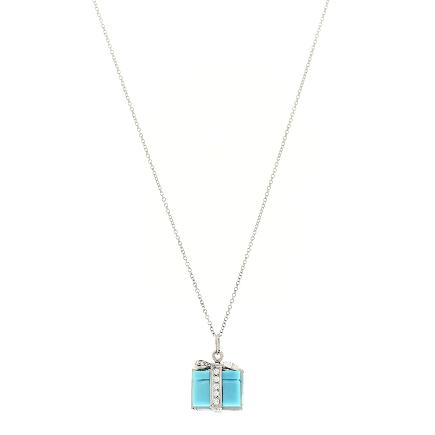 Platinum Diamond Turquoise Box Charm Pendant Necklace