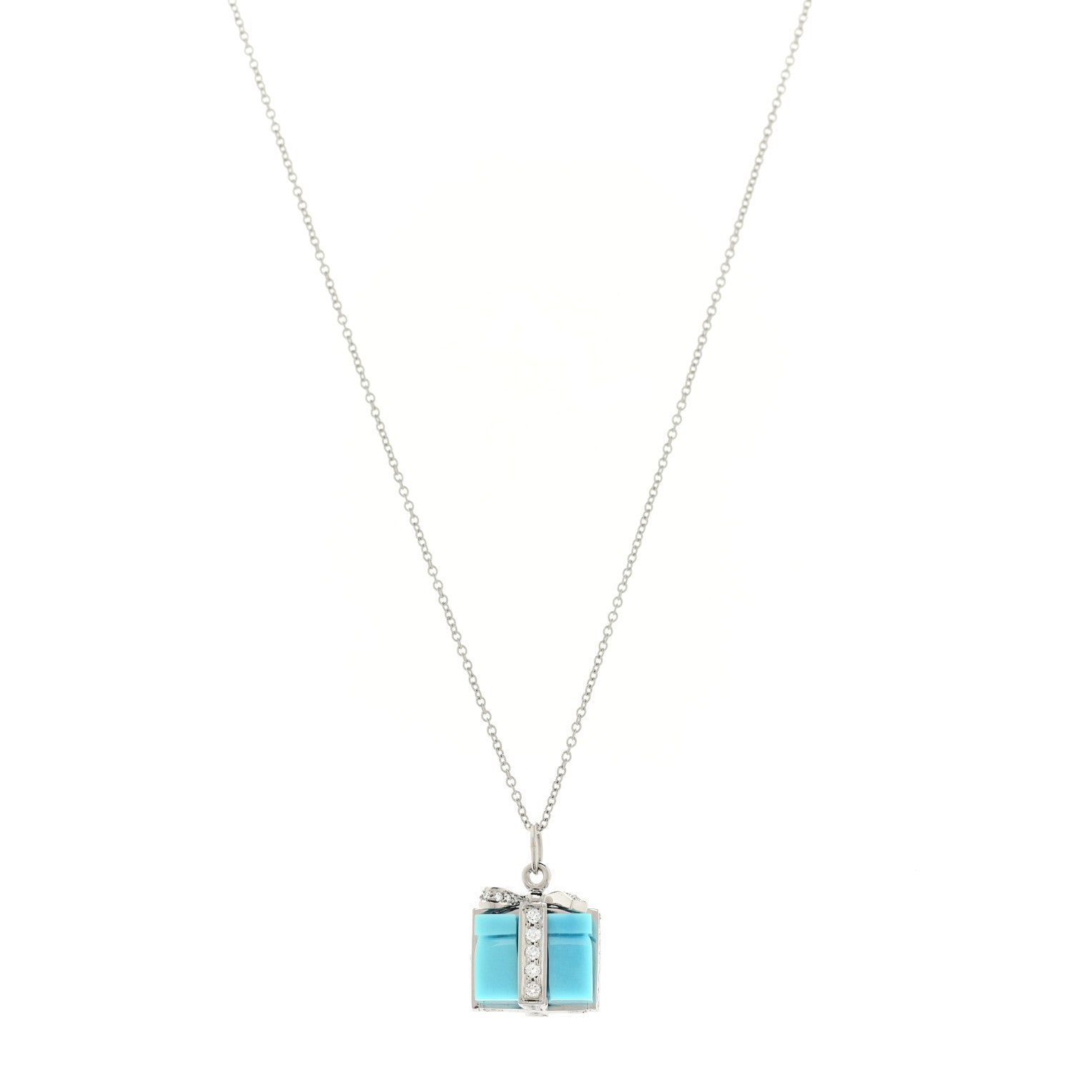 Tiffany Platinum Diamond Turquoise Box Charm Pendant Necklace 1 of 5