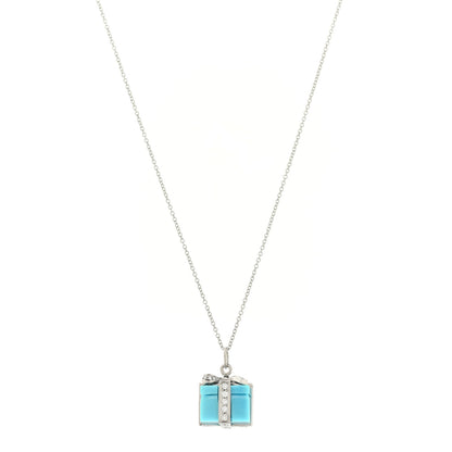Tiffany Platinum Diamond Turquoise Box Charm Pendant Necklace 1 of 5