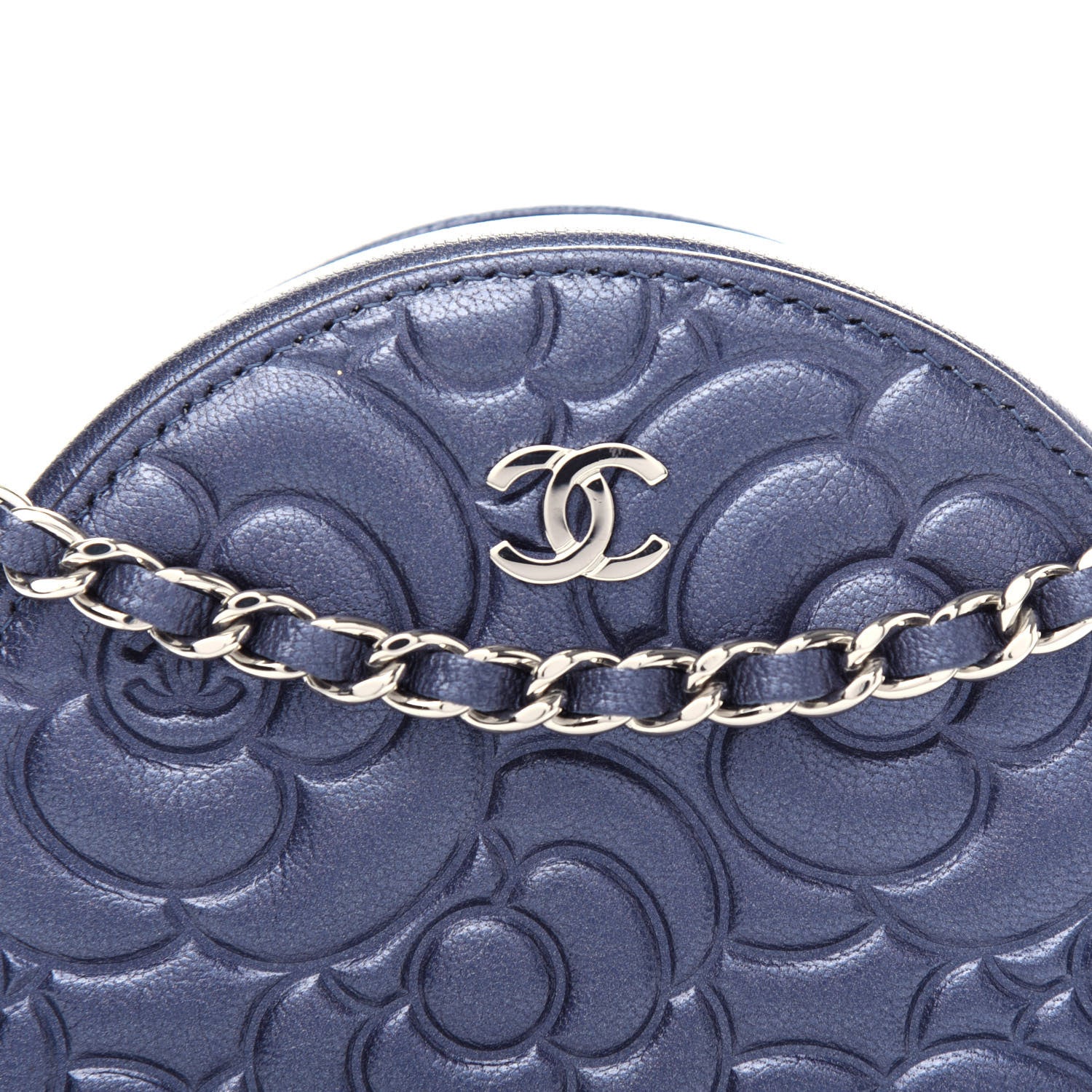 Chanel Goatskin Camellia Embossed Round Clutch With Chain Dark Blue 10 of 11
