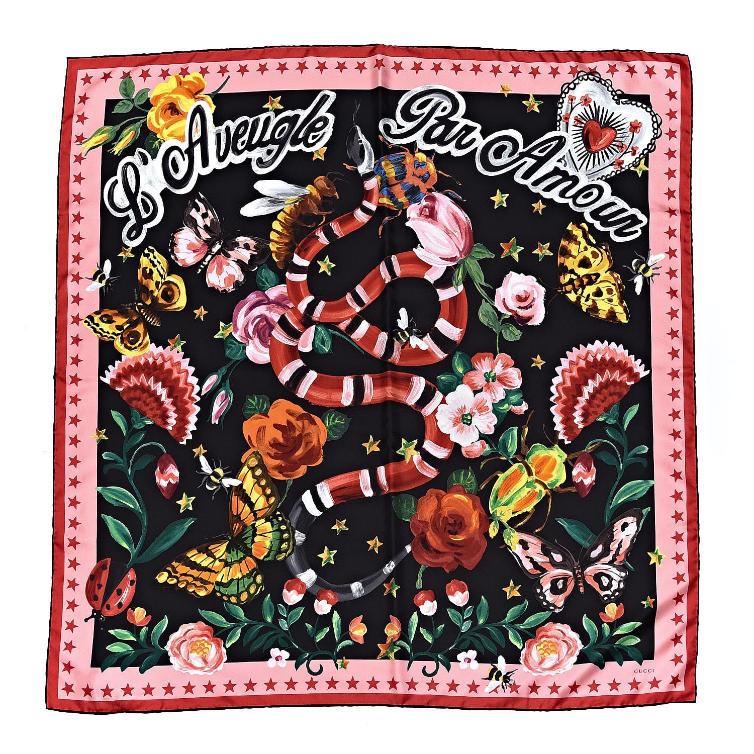 Gucci Silk Twill Jakam Square Scarf Black Pink 1 of 5