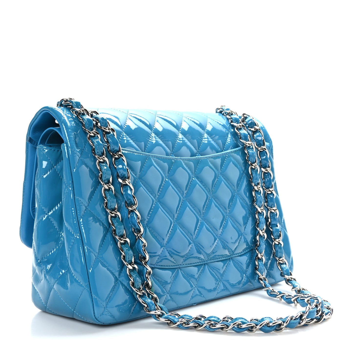 Patent Calfskin Quilted Jumbo Double Flap Turquoise