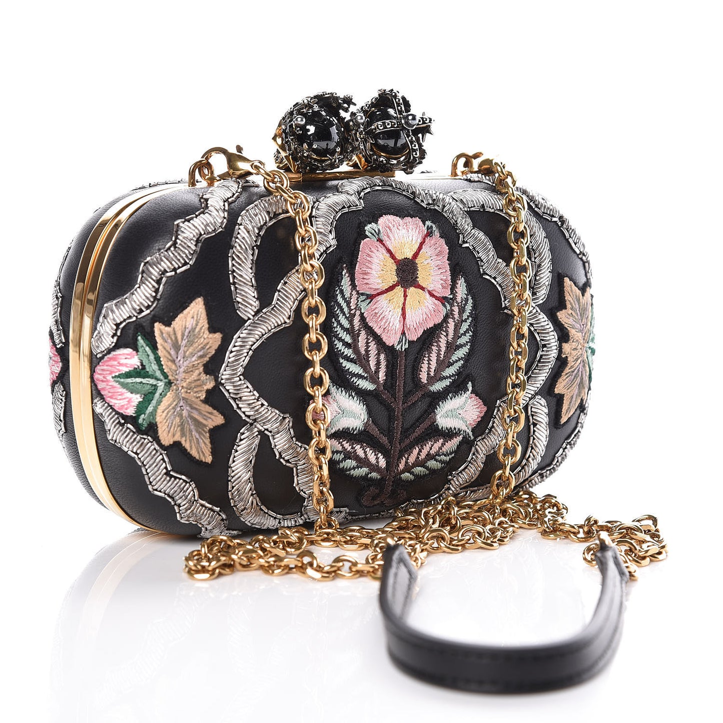 Nappa Embroidered Flower Queen and King Skull Box Chain Clutch Black Multicolor