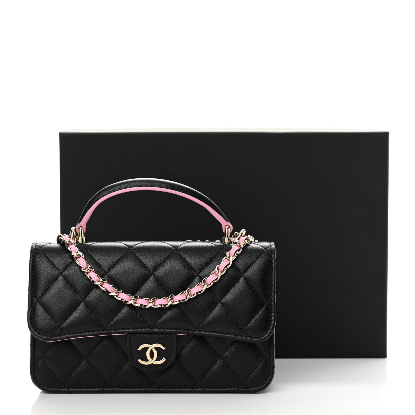 Lambskin Quilted Flap Phone Holder With Chain Black Lilac