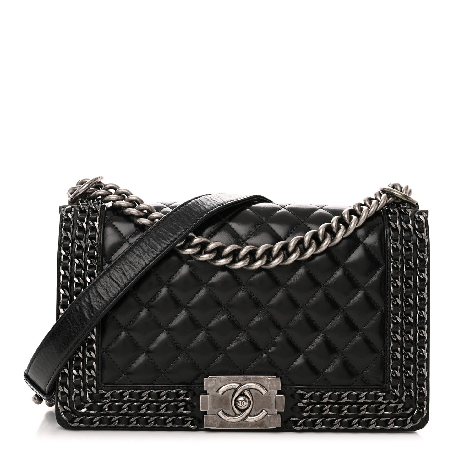Glazed Calfskin Quilted Medium Chain Around Boy Flap Black