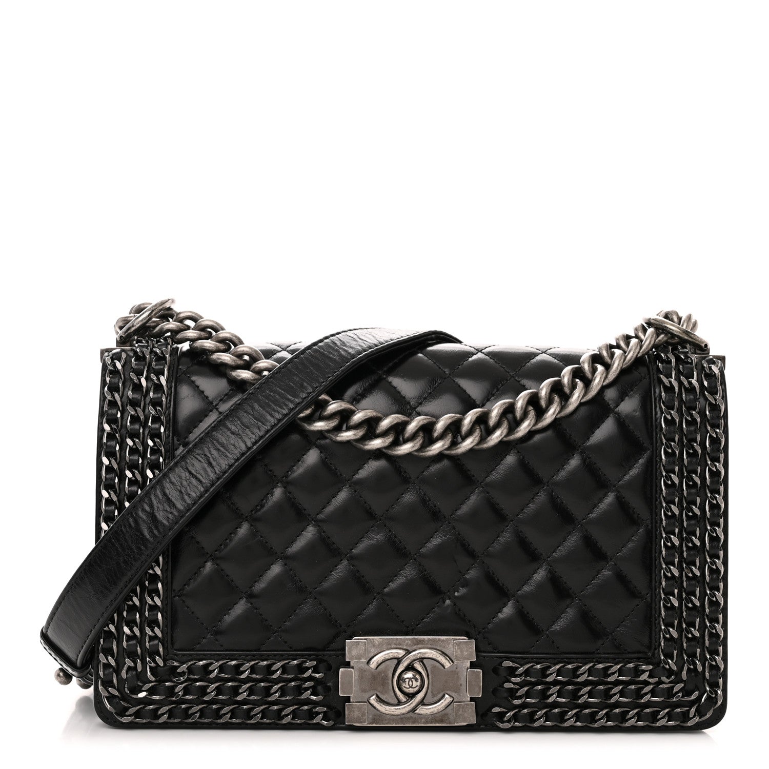 Chanel Glazed Calfskin Quilted Medium Chain Around Boy Flap Black 1 of 12