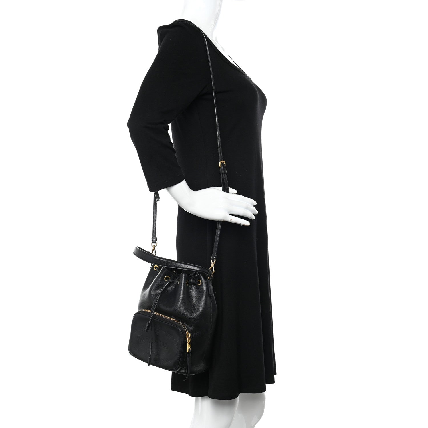 Prada Glace Calfskin Duet Logo Drawstring Shoulder Bag Black 2 of 9