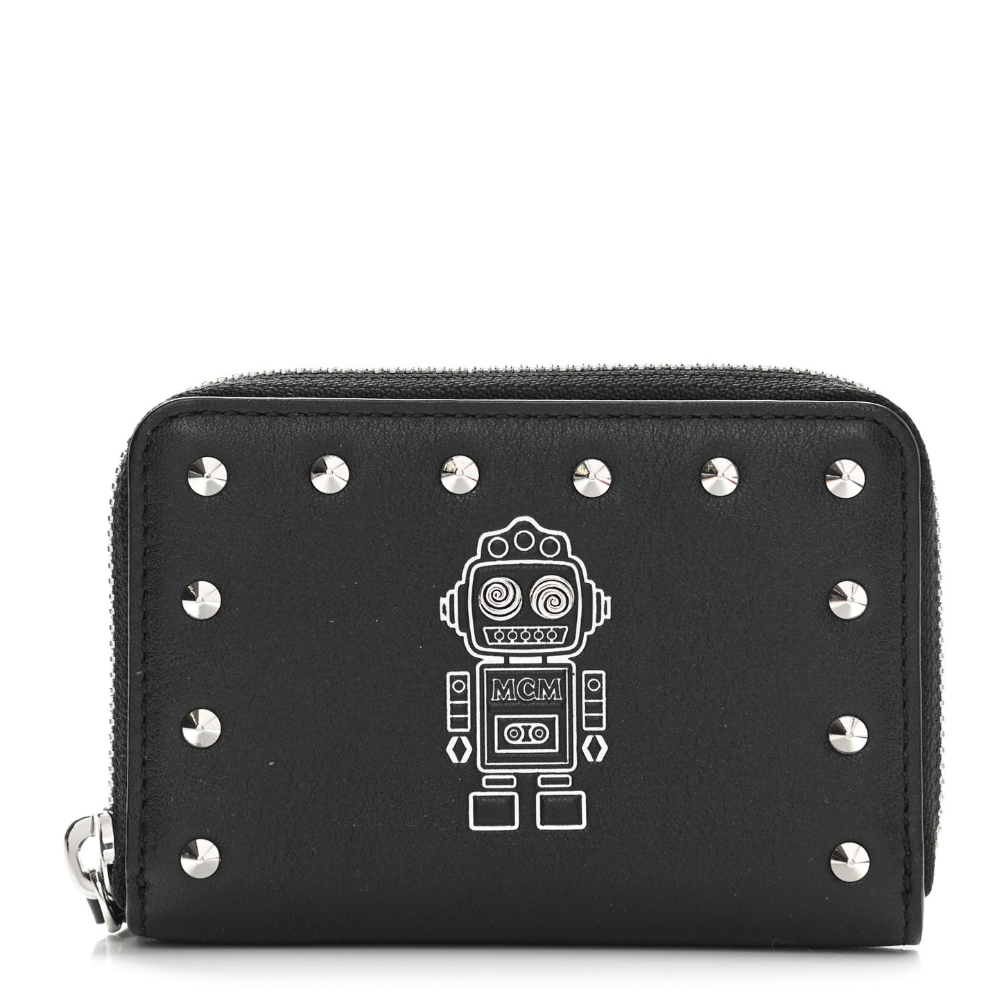 Calfskin Studded Robot Zip Around Wallet Black