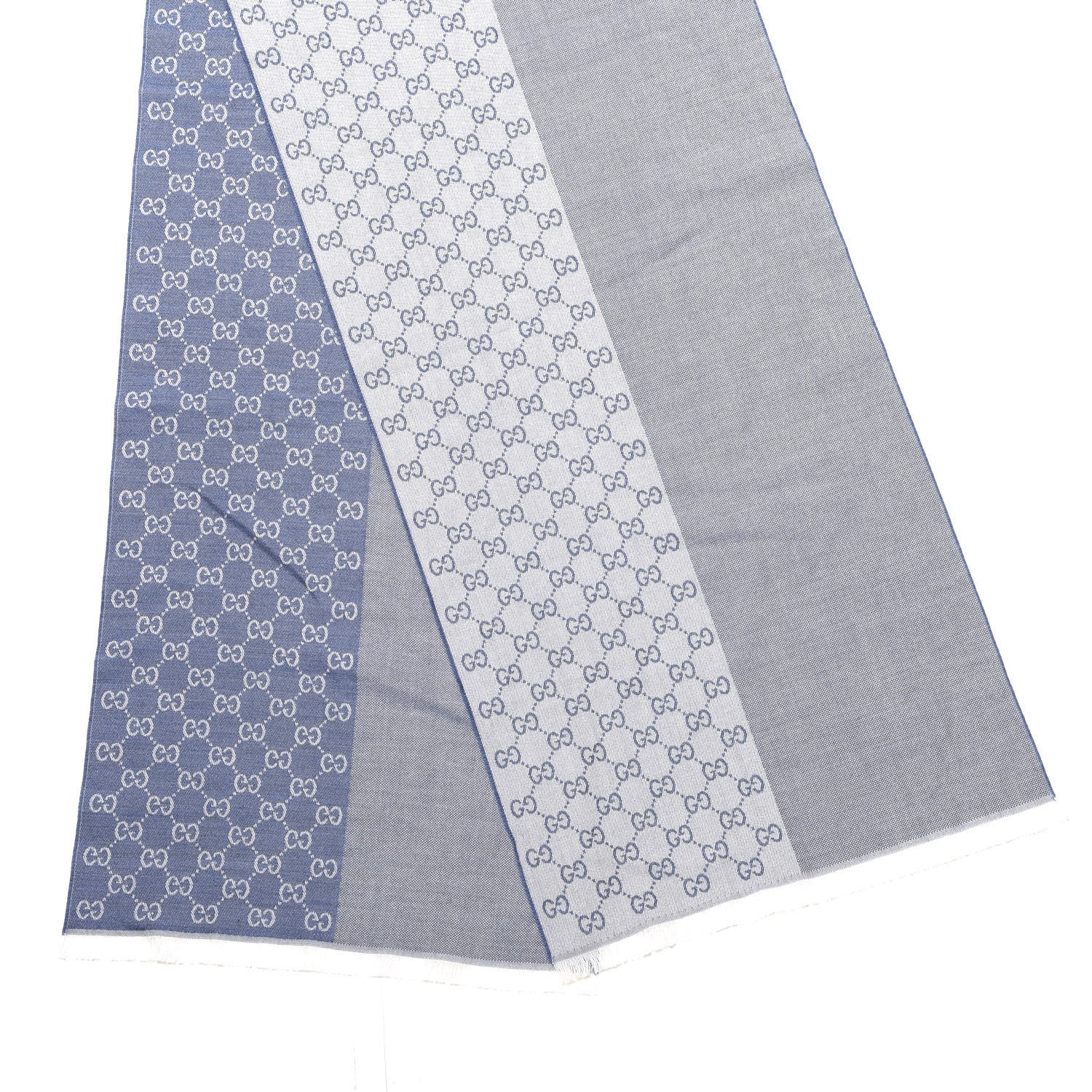 Gucci Wool GG Monogram HalfGG Fringe Scarf Ivory Sky Blue 2 of 4