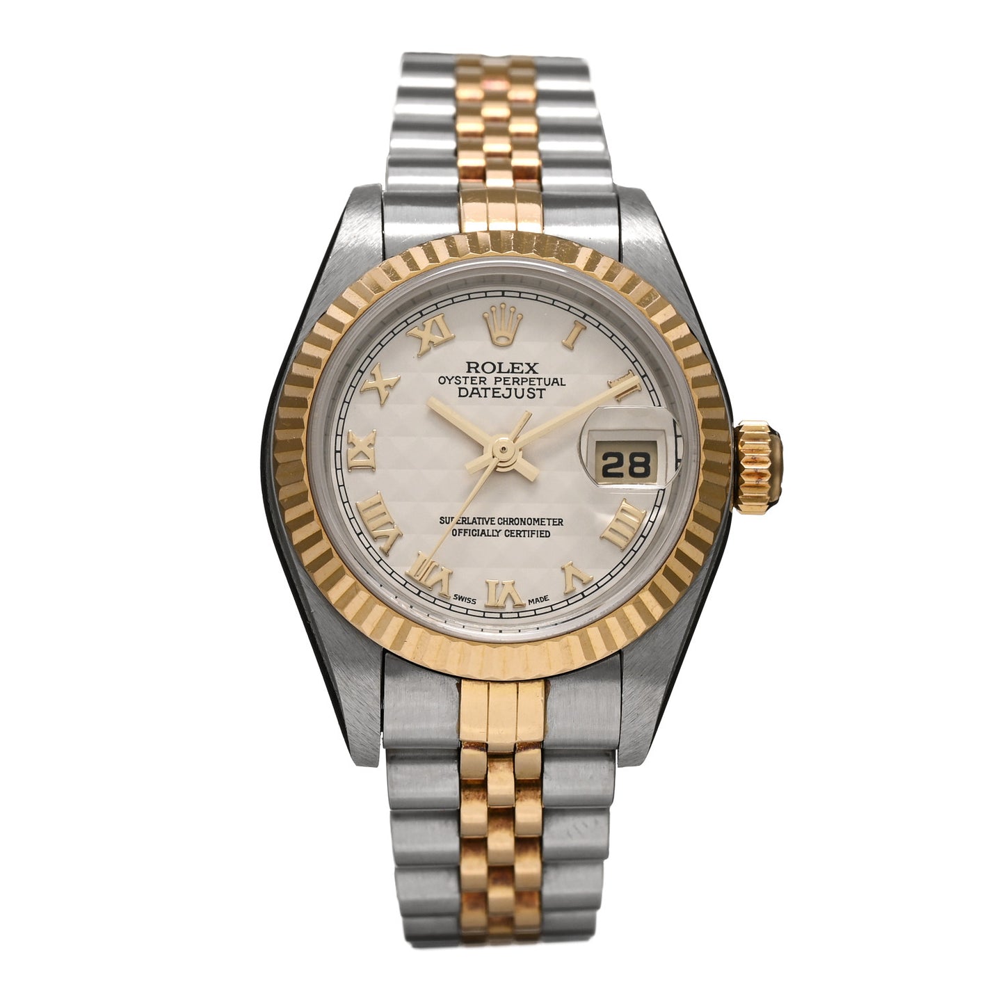 Stainless Steel 18K Yellow Gold 26mm Oyster Perpetual Datejust Watch White Pyramid Roman 79173