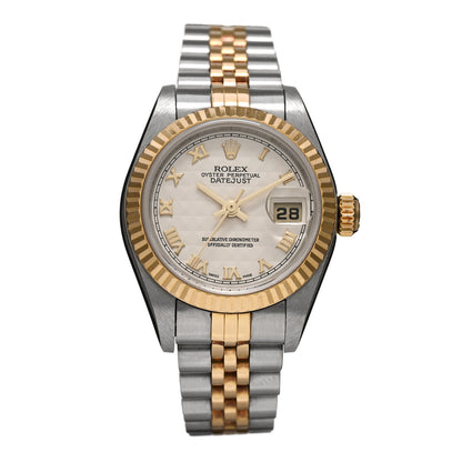 Rolex Stainless Steel 18K Yellow Gold 26mm Oyster Perpetual Datejust Watch White Pyramid Roman 79173 1 of 5