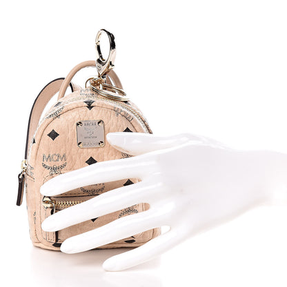 MCM Visetos Backpack Key Ring Bag Charm Beige 2 of 6