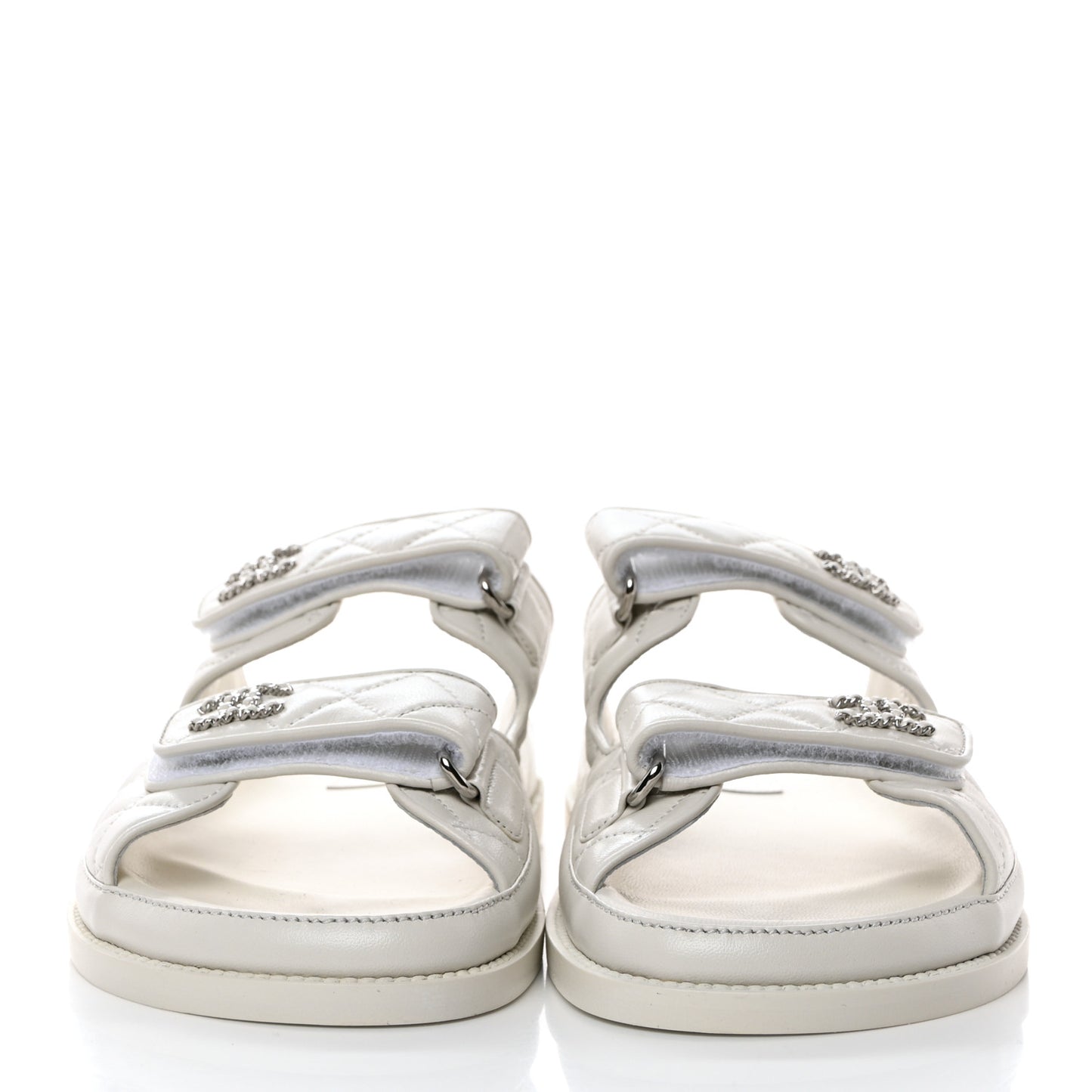 Lambskin Quilted Velcro Dad Chain CC Slide Sandals 39 White