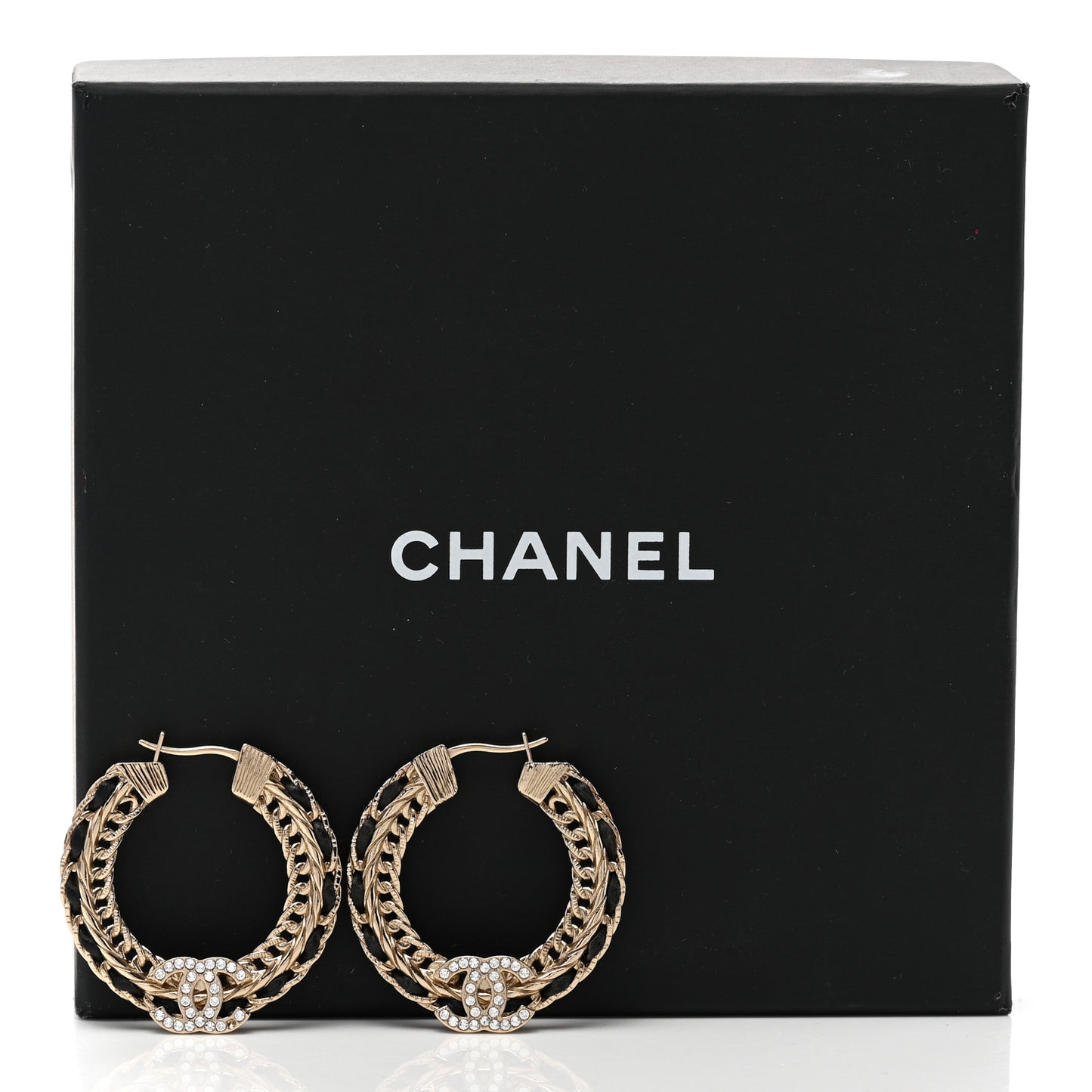 Crystal Lambskin CC Chain Hoop Earrings Gold Black