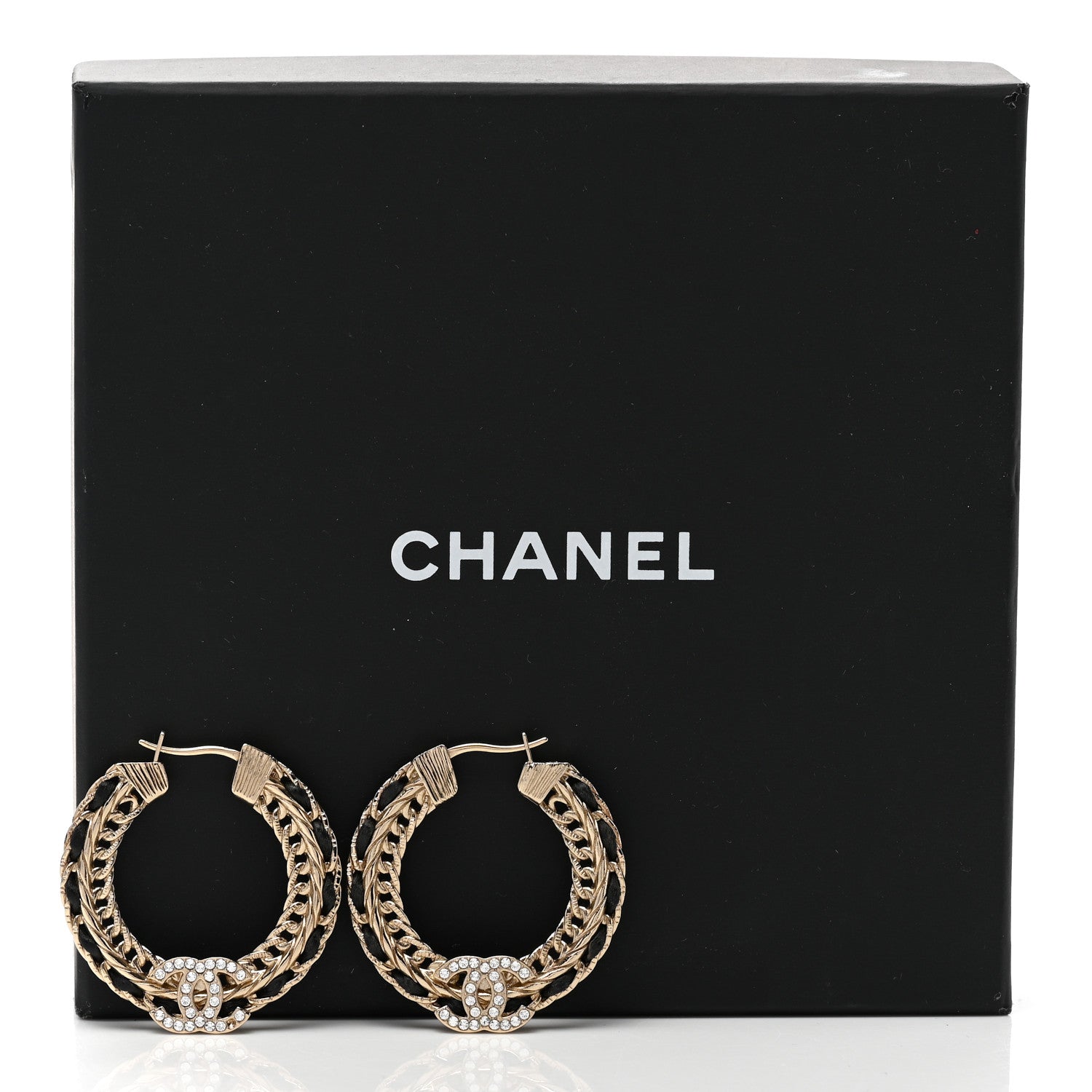 Chanel Crystal Lambskin CC Chain Hoop Earrings Gold Black 6 of 6