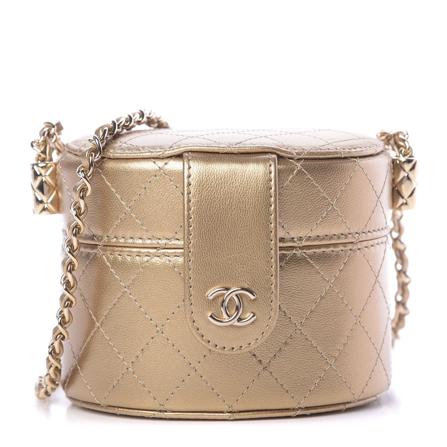 Chanel Metallic Lambskin Quilted Round Mini Vanity Case With Chain Gold 1 of 11