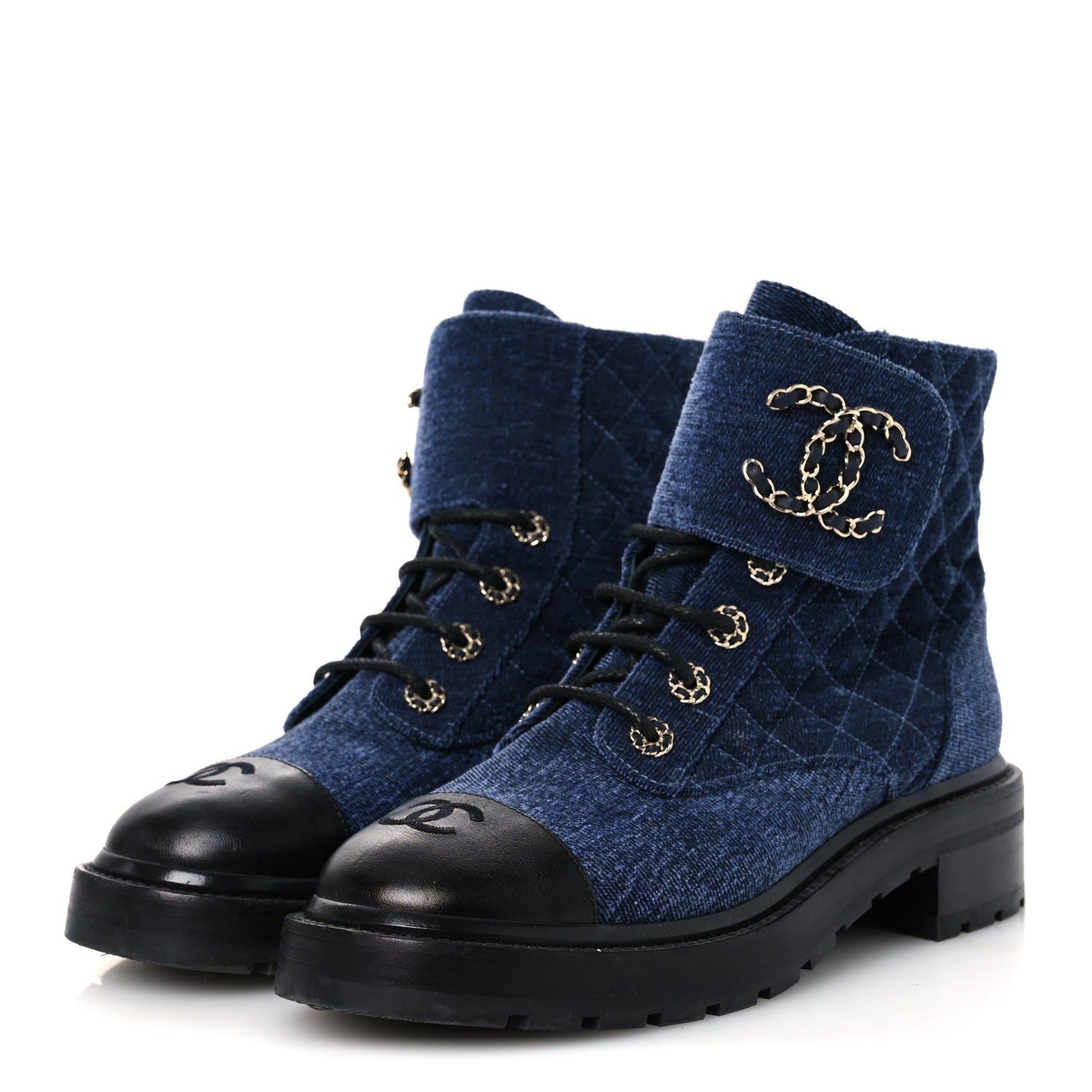 Chanel Shiny Calfskin Velvet Quilted Lace Up Combat Boots 39.5 Blue Black 4 of 12