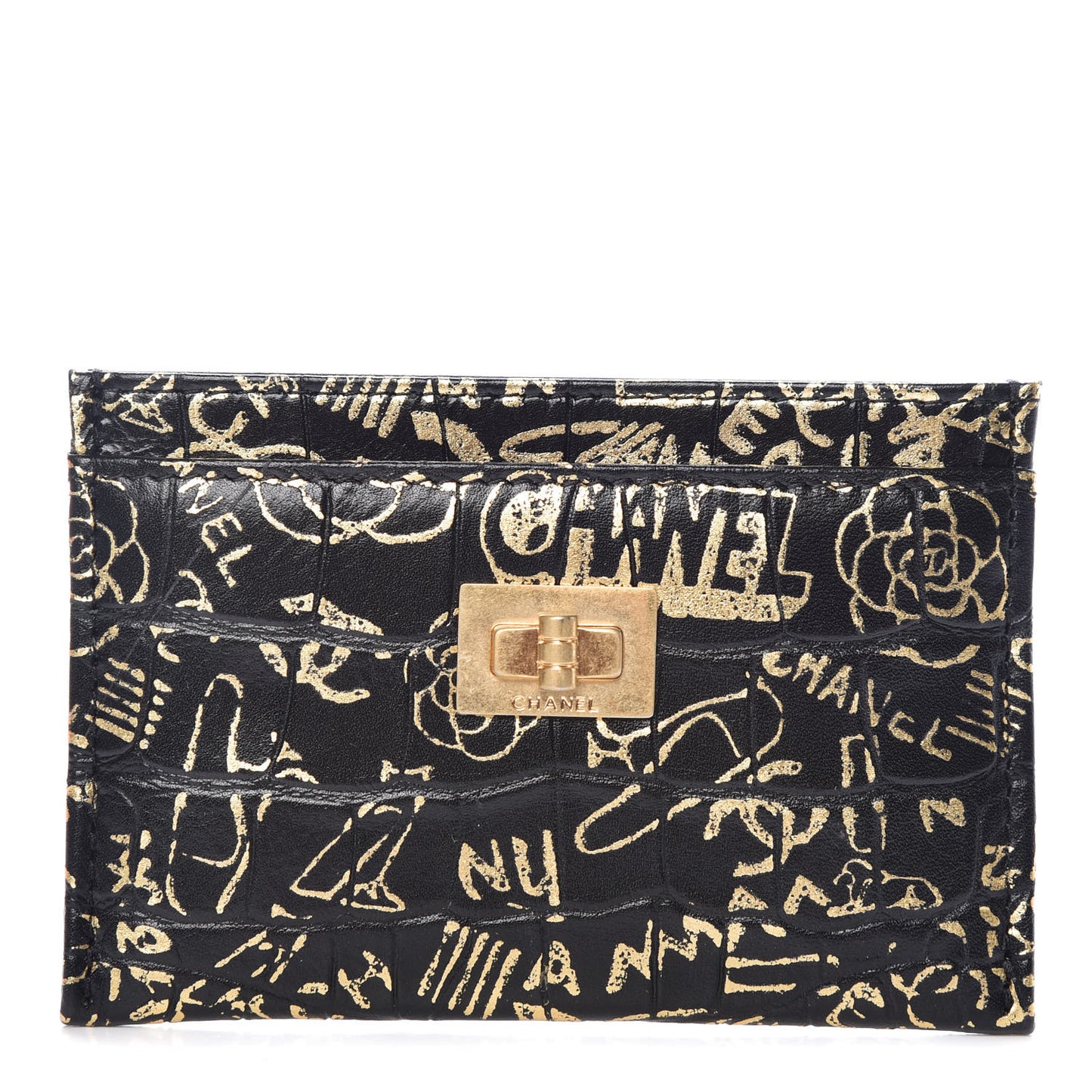 Calfskin Crocodile Embossed Graffiti 2.55 Cocodile Reissue Card Holder Black Gold