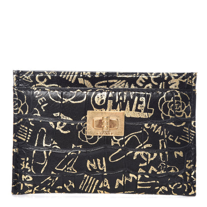 Chanel Calfskin Crocodile Embossed Graffiti 2.55 Cocodile Reissue Card Holder Black Gold 1 of 9