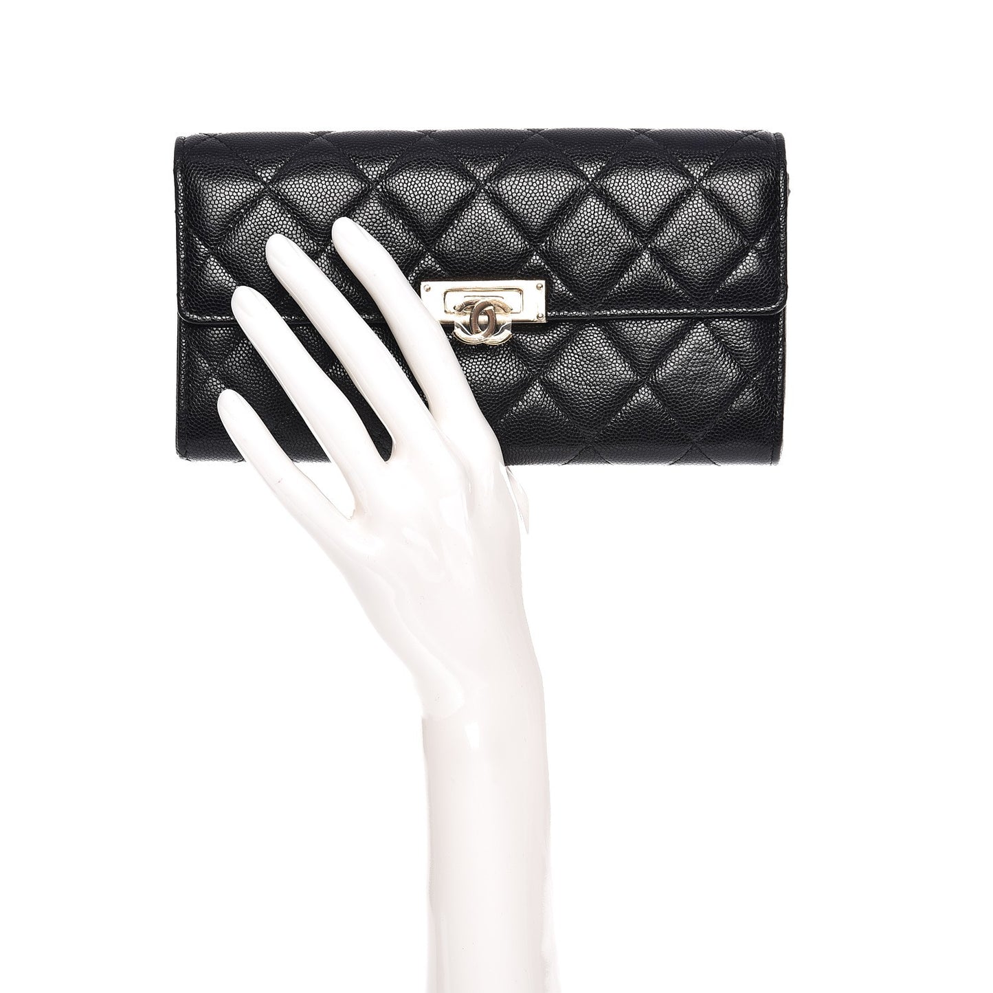 Caviar Quilted Large Golden Class Gusset Flap Wallet Black