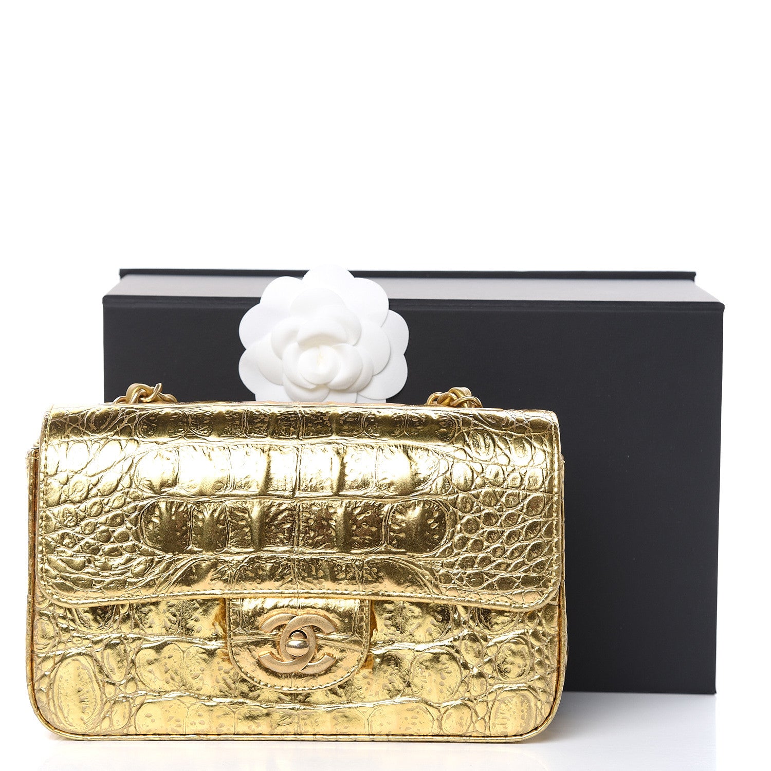 Chanel Metallic Calfskin Crocodile Embossed Cocodile Rectangular Mini Flap Gold 12 of 13